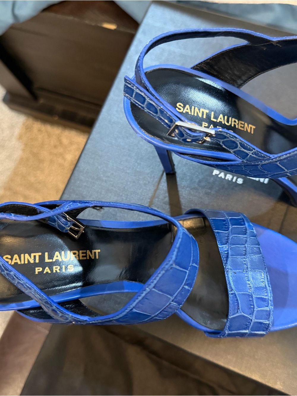 Yves Saint Laurent Cobalt Blue Croc-Embossed Platform Sandals size 38 - Picture 6 of 7